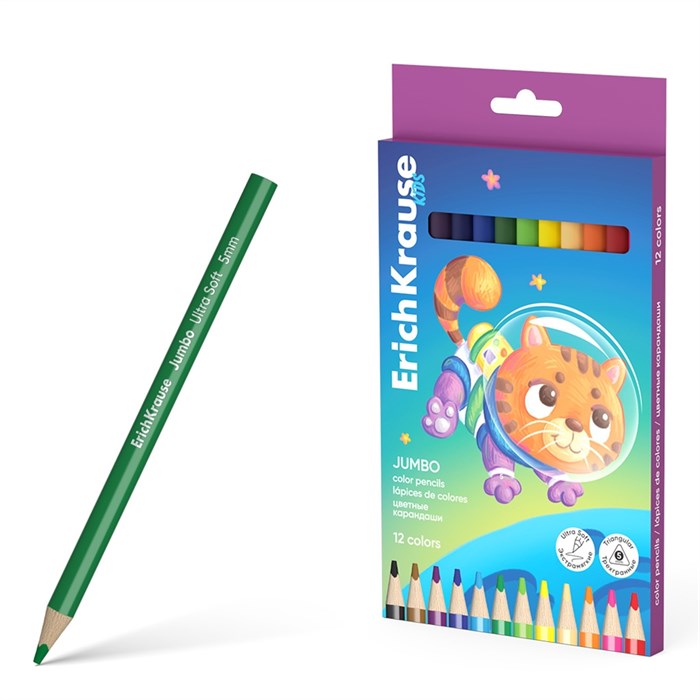 Цветные карандаши деревянные ErichKrause Kids Jumbo Space Animals трехгранные, грифель 5 мм, 12 цветов (в коробке с европодвесом 12 шт) - фото 475805
