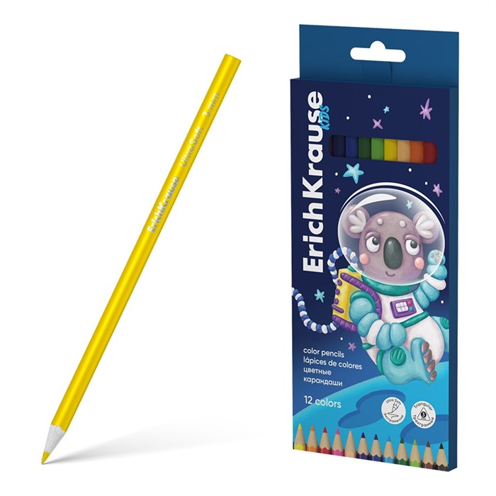 Цветные карандаши деревянные ErichKrause Kids Space Animals трехгранные, грифель 3 мм, 12 цветов (в коробке с европодвесом 12 шт) - фото 475806