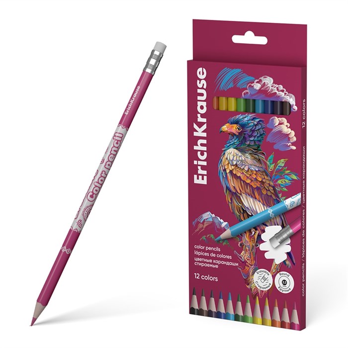Цветные карандаши деревянные ErichKrause Safari круглые стираемые с ластиком, грифель 3,3 мм, 12 цветов (в коробке с европодвесом 12 шт) - фото 475813