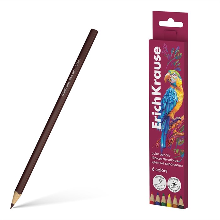 Цветные карандаши деревянные ErichKrause Safari трехгранные, грифель 3,3 мм, 6 цветов (в коробке с европодвесом 6 шт) - фото 475817