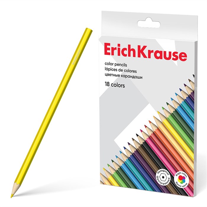 Цветные карандаши деревянные ErichKrause шестигранные 18 цветов (в коробке с европодвесом 18 шт) - фото 475821