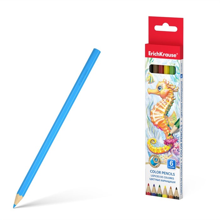 Цветные карандаши деревянные ErichKrause шестигранные, грифель 3 мм, 6 цветов (в коробке с европодвесом 6 шт) - фото 475823