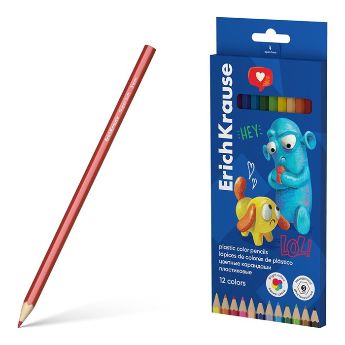 Цветные карандаши пластиковые ErichKrause Jolly Friends шестигранные, грифель 3 мм, 12 цветов (в коробке с европодвесом 12 шт) - фото 475834