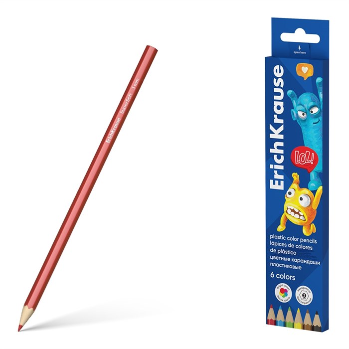 Цветные карандаши пластиковые ErichKrause Jolly Friends шестигранные, грифель 3 мм, 6 цветов (в коробке с европодвесом 6 шт) - фото 475837
