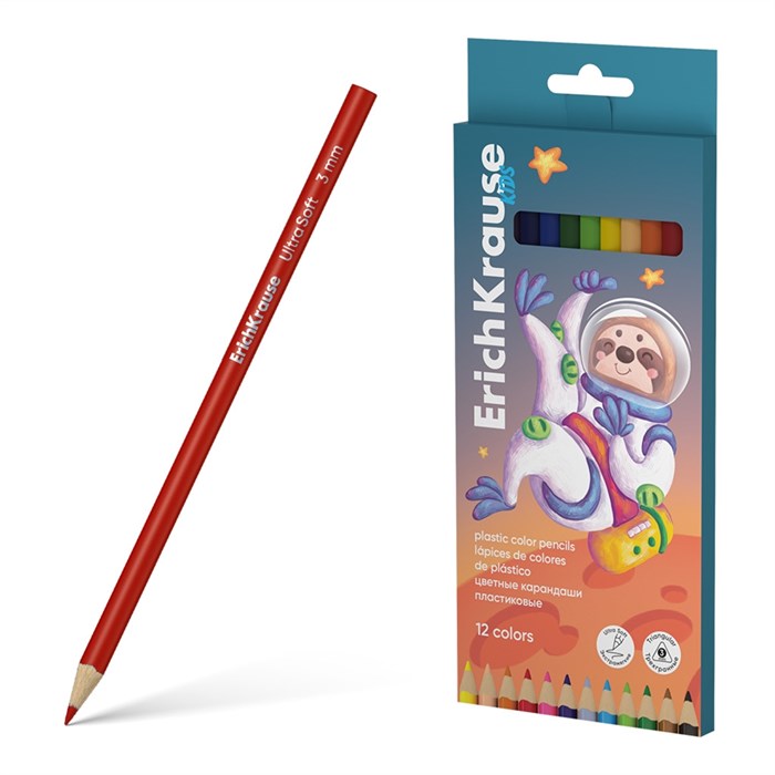 Цветные карандаши пластиковые ErichKrause Kids Space Animals трехгранные, грифель 3 мм, 12 цветов (в коробке с европодвесом 12 шт) - фото 475839