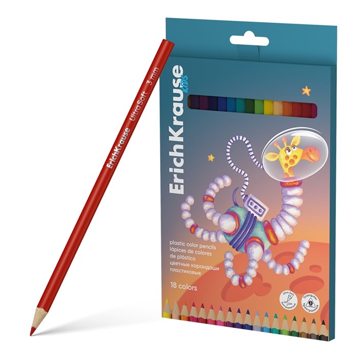 Цветные карандаши пластиковые ErichKrause Kids Space Animals трехгранные, грифель 3 мм, 18 цветов (в коробке с европодвесом 18 шт) - фото 475840