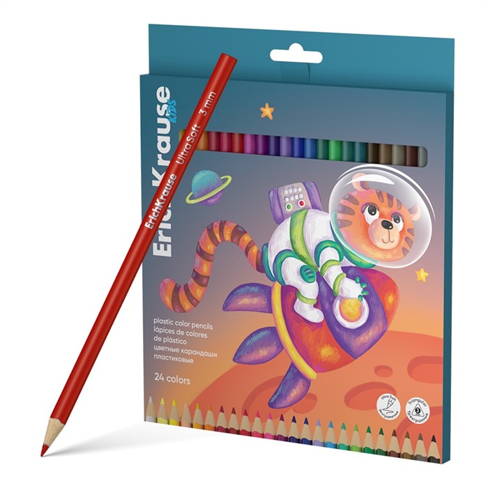 Цветные карандаши пластиковые ErichKrause Kids Space Animals трехгранные, грифель 3 мм, 24 цвета (в коробке с европодвесом 24 шт) - фото 475841
