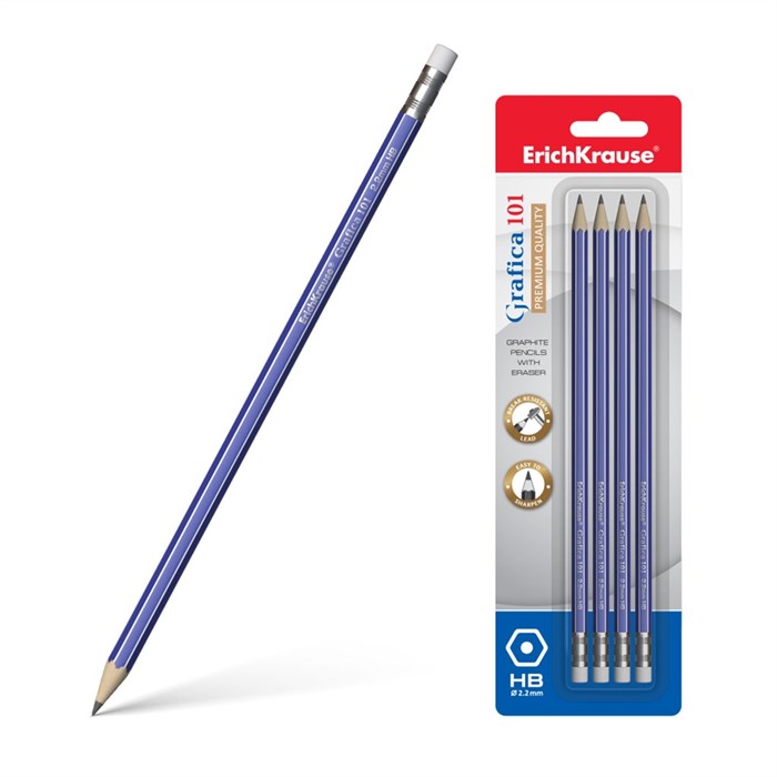 Чернографитный шестигранный карандаш с ластиком  ErichKrause® Grafica 101 HB (в блистере по 4 шт.) - фото 476169