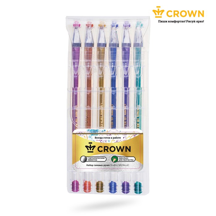 Набор гелевых ручек Crown "Hi-Jell Metallic" 6шт., 06цв., 0,7мм, металлик, ПВХ уп., европодвес R095176 - фото 497284