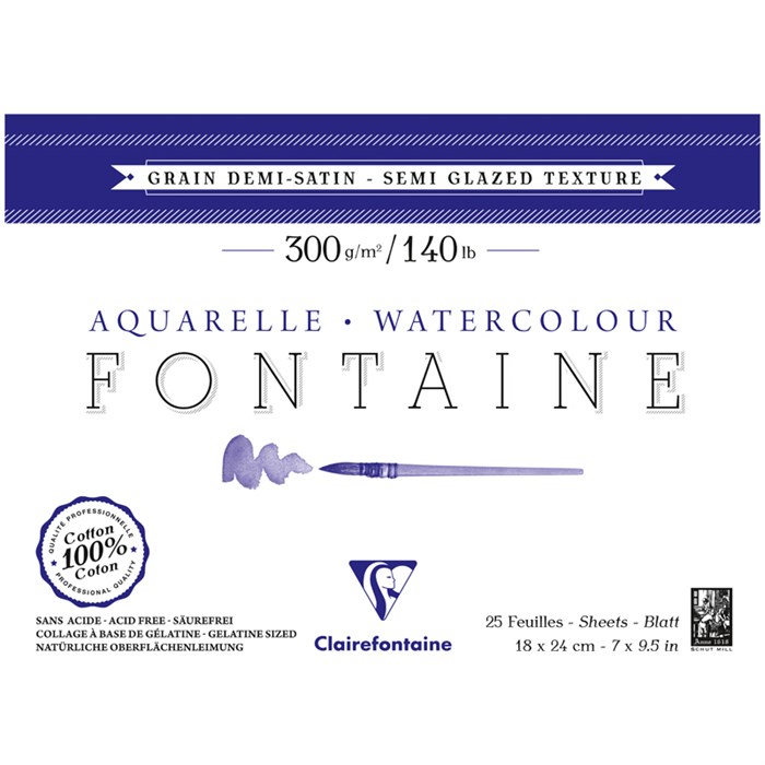 Альбом для акварели, 25л., 18*24, на склейке Clairefontaine "Fontaine Demi-satin?", 300г/м2, горяч. пресс., полу-сатин R337200 - фото 506507