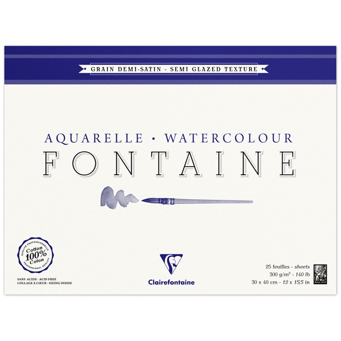 Альбом для акварели, 25л., 30*40, на склейке Clairefontaine "Fontaine Demi-satin?", 300г/м2, горяч. пресс., полу-сатин R337201 - фото 506514