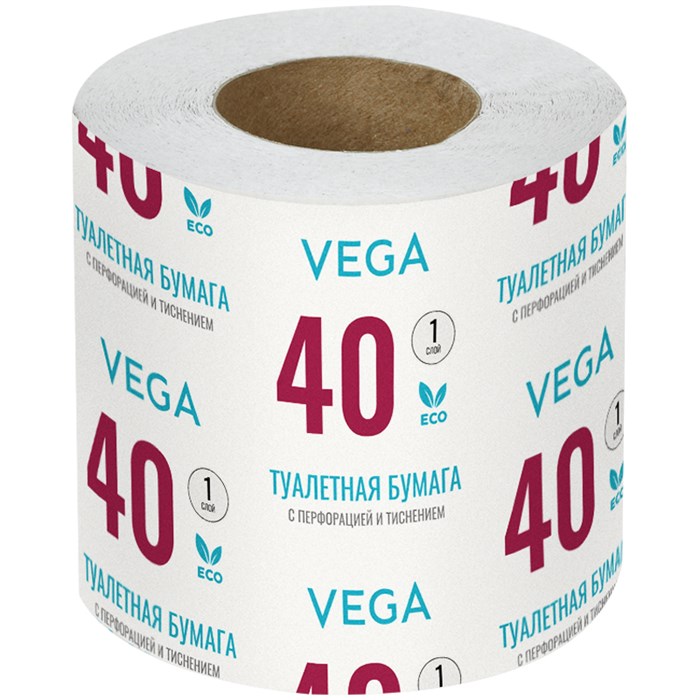 Бумага туалетная Vega, 1-слойная, 40м/рул., на втулке, с перф., с тиснением, белая R339243 - фото 507487