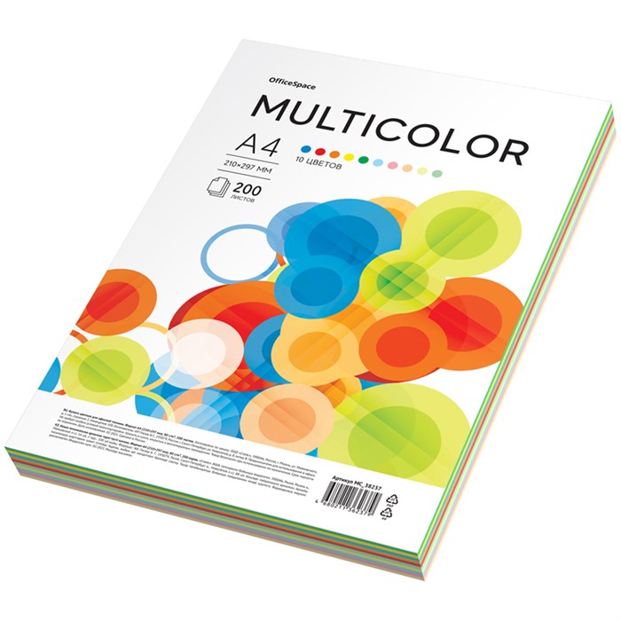 Бумага цветная OfficeSpace "Multicolor", А4, 80г/м2, 200л., (10 цветов) R315734 - фото 508120