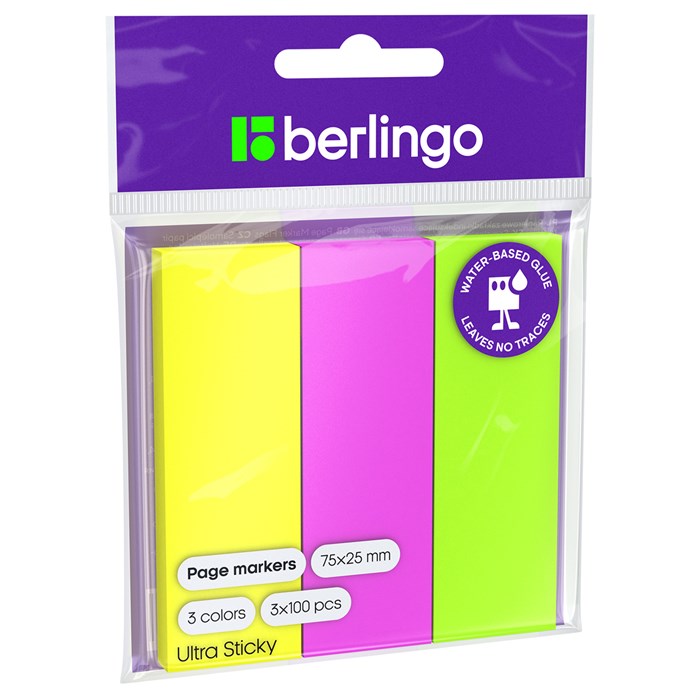 Флажки-закладки Berlingo "Ultra Sticky", 25*75мм, 100л*3 неоновых цвета, европодвес R287196 - фото 518752