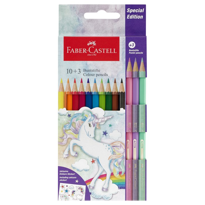 Карандаши цветные Faber-Castell "Unicorn", 10цв., шестигр., заточ.+3 паст. цв., картон, европодвес R375099 - фото 522978