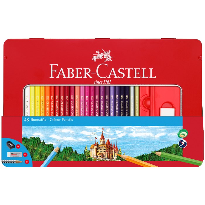 Карандаши цветные Faber-Castell "Замок", 48цв., трехгран., заточ.+2ч/г кар. Grip+ластик+точилка, метал. коробка R286631 - фото 523013