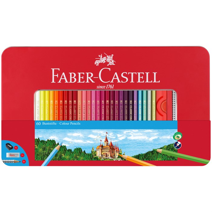 Карандаши цветные Faber-Castell "Замок", 60цв., шестигр., заточ.+2ч/г кар. Grip+ластик+точилка, метал. коробка R286239 - фото 523016