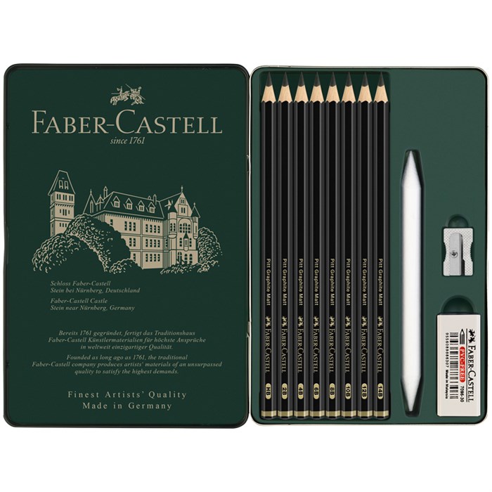 Набор карандашей ч/г матовых Faber-Castell "Pitt Graphite Matt" HB, 2B, 4B, 6B, 8B, 10B, 12B, 14B, заточ, ластик, метал.точилка, растушевка, метал.кор R332001 - фото 525404