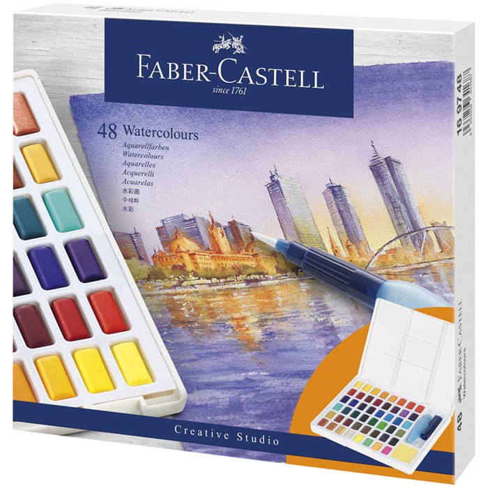 Акварель художественная Faber-Castell "Watercolours", 48цв., кюветы, + кисть "Water Brush"+ съемная палитра, пластиковая упаковка R343416 - фото 533084