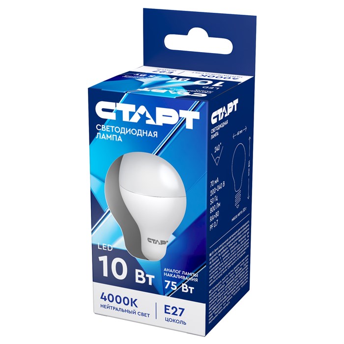 Лампа светодиодная Старт LED, серия "ЭКО" 10W40, тип А "груша", E27, 4000К, нейтральный свет, 25000ч R227547 - фото 538603