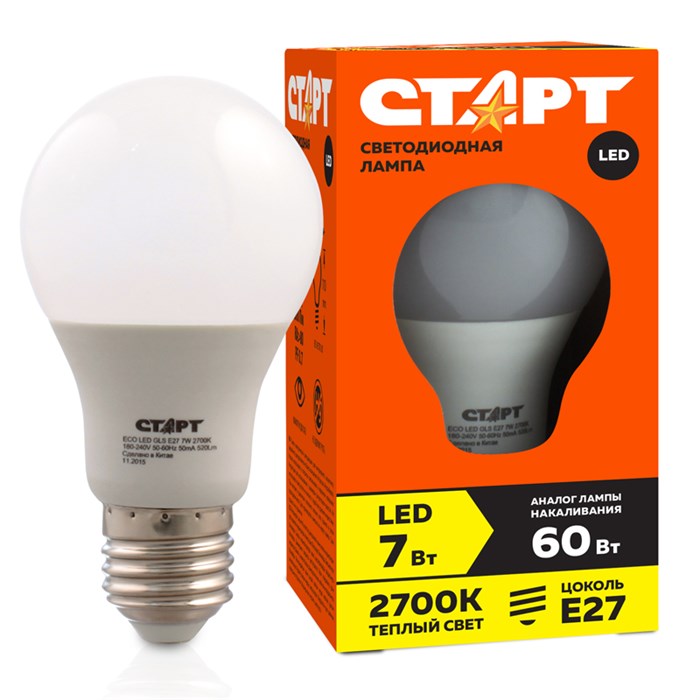 Лампа светодиодная Старт LED, серия "ЭКО" 7W30, тип А "груша", E27, 2700К, теплый свет, 15000ч R227550 - фото 538617