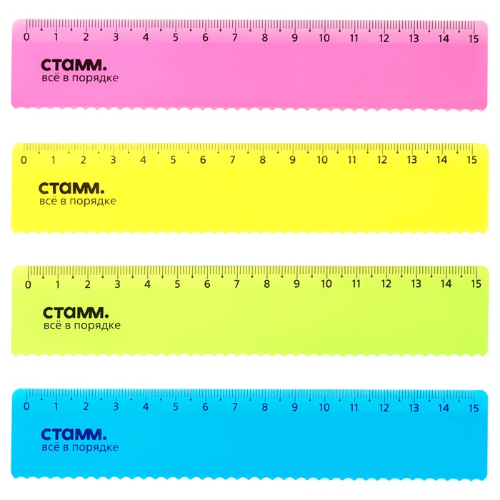 Линейка 15см СТАММ, пластиковая, с волнистым краем, прозрачная, неоновые цвета, ассорти, европодвес R351446 - фото 539692