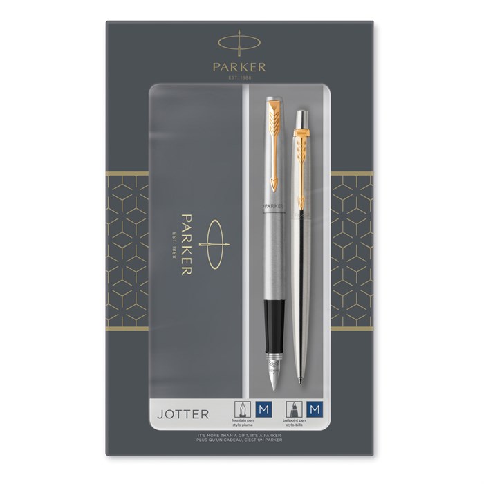 Набор Parker "Jotter Stainless Steel GT": ручка шариковая, 1,0мм и ручка перьевая, 1,0мм, подарочная упаковка R288616 - фото 548203