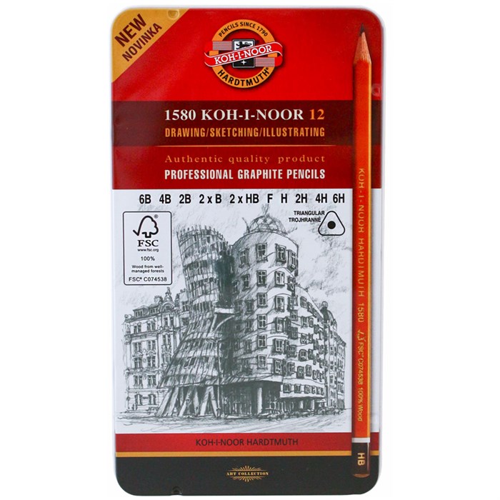 Набор карандашей ч/г Koh-I-Noor "1582" 12шт., 6B-6H, трехгранный, заточен., метал.пенал R337259 - фото 548378