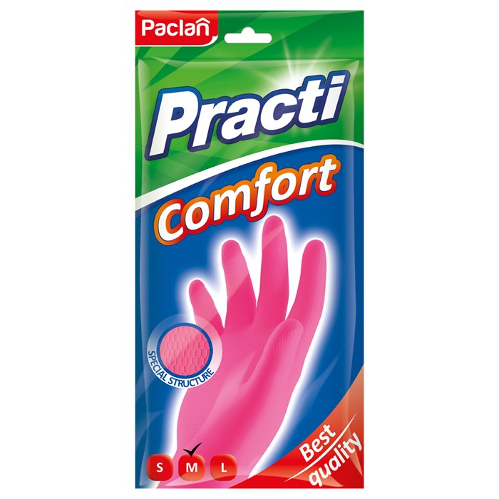 Перчатки резиновые хозяйственные Paclan "Practi. Comfort", разм. М, х/б напыление, розовые, пакет с европодвесом R206846 - фото 562058