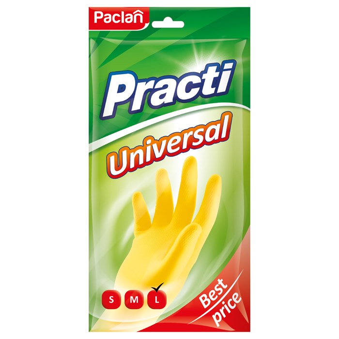 Перчатки резиновые хозяйственные Paclan "Practi. Universal", разм. L, х/б напыление, желтые, пакет с европодвесом R072415 - фото 562061