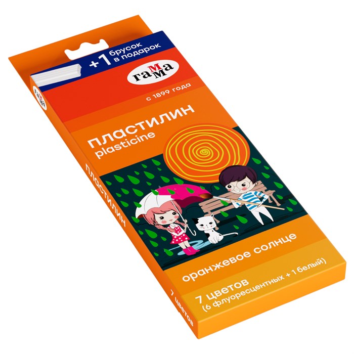 Пластилин Гамма "Оранжевое солнце", 7 цветов (6 флуор. + 1 белый), 93г, со стеком, картон. упаковка, европодвес R323113 - фото 562969