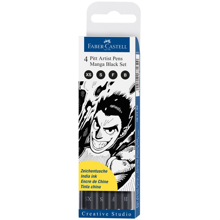 Набор капиллярных ручек Faber-Castell "Pitt Artist Pens Manga Black set" черные, 4шт., 0,1/0,3/0,5мм/Вrush, европодвес R285986 - фото 570390