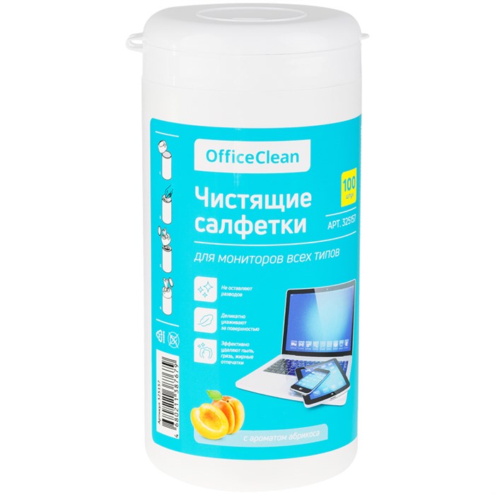 Салфетки чистящие влажные OfficeClean, для мониторов всех типов, в тубе, с ароматом абрикоса, 100шт. R325157 - фото 575607