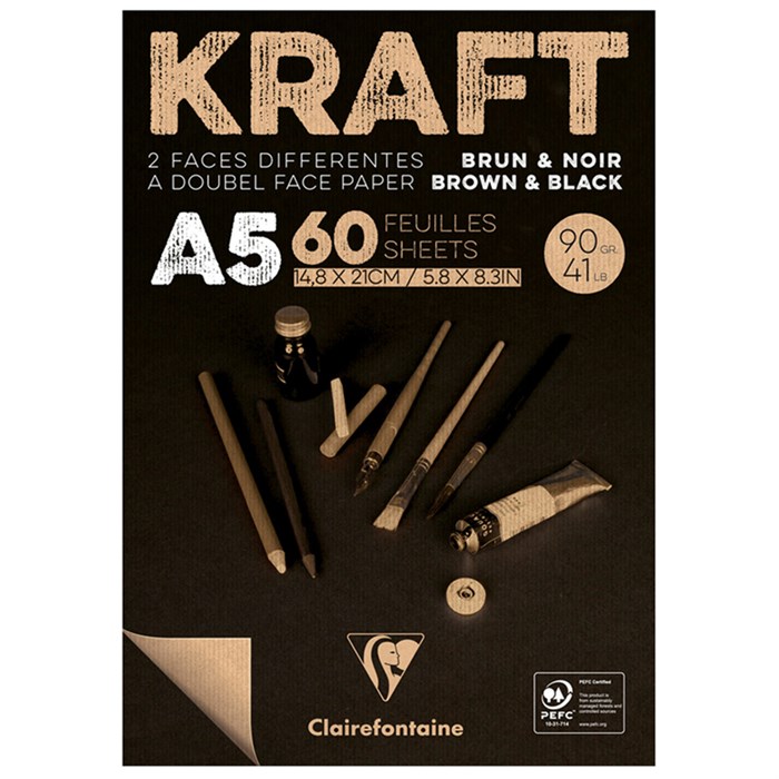 Скетчбук - блокнот 60л., А5 Clairefontaine "Kraft", на склейке, верже,черный/крафт, 90г/м2 R304005 - фото 576209