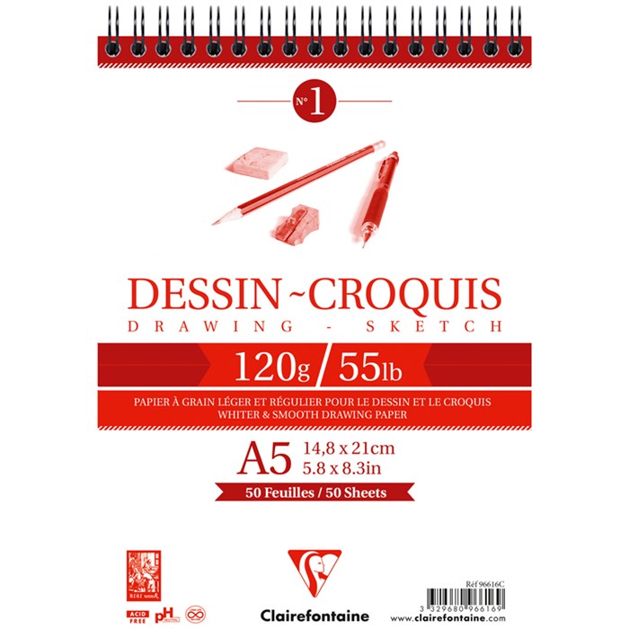 Скетчбук 50л., А5 Clairefontaine "Dessin croquis", на гребне, 120г/м2 R320100 - фото 576429