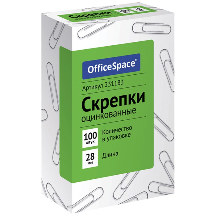 Скрепки 28мм, OfficeSpace, 100шт., оцинкованные, карт. упаковка R231183 - фото 577265