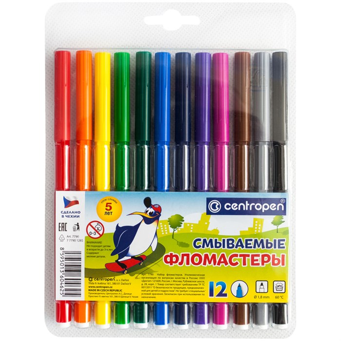 Фломастеры Centropen "Washable", 12цв., смываемые, блистер R004999 - фото 604381