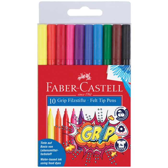 Фломастеры Faber-Castell "Grip", 10цв., трехгранные, смываемые, пластик. уп., европодвес R286202 - фото 604411