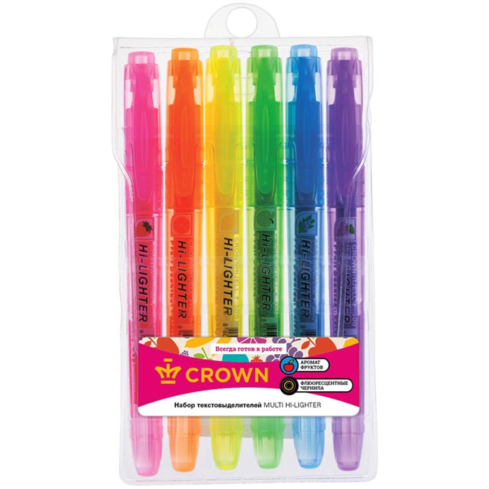 Набор текстовыделителей Crown "Multi Hi-Lighter Aroma" 06цв., 1-4мм, ароматиз., чехол с европодвесом R207920 - фото 609538