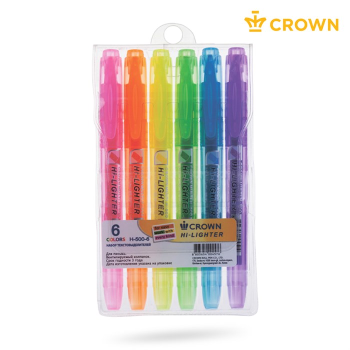 Набор текстовыделителей Crown "Multi Hi-Lighter" 06цв., 1-4мм, чехол с европодвесом R207923 - фото 609550