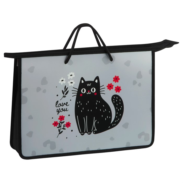 Папка с ручками А4 ArtSpace "Black Cat with Flowers", пластик, на молнии, 75мм R380304 - фото 617056