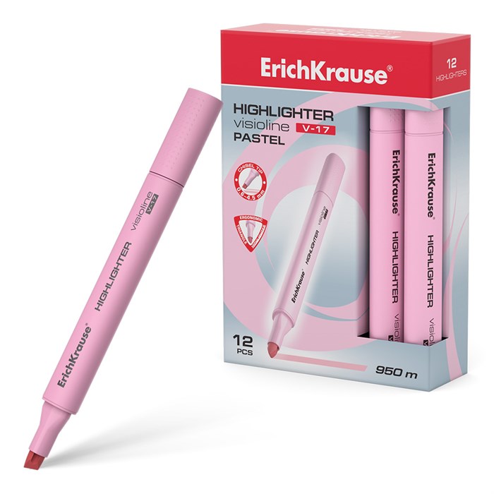 Текстмаркер ErichKrause Visioline V-17 Pastel, цвет чернил розовый (в коробке по 12 шт.) EK56021 - фото 640323