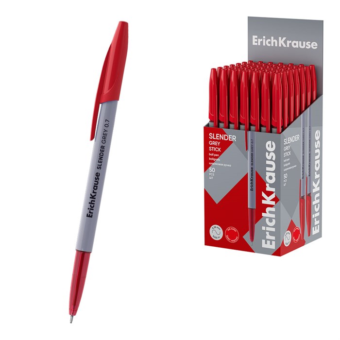 Ручка шариковая ErichKrause Slender Stick Grey 0.7, Super Glide Technology, цвет чернил красный (в коробке по 50 шт.) EK63085 - фото 645801