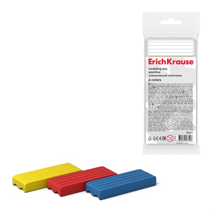 Пластилин классический ErichKrause light 6 цветов, 96 г (во флоупаке с европодвесом 6 шт) EK53754 - фото 651585