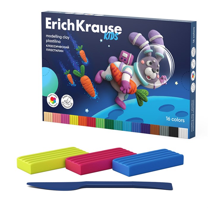 Пластилин классический ErichKrause Kids Space Animals 16 цветов со стеком, 288 г (в коробке 16 шт) EK61333 - фото 651635