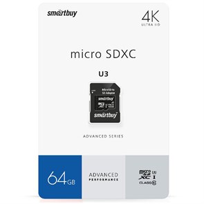 Карта памяти SmartBuy MicroSDXC 64GB PRO U3 Advanced, Class 10, скорость чтения 90Мб/сек (с адаптеро