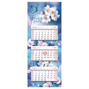 Календарь квартальный 3 бл. на склейке OfficeSpace Люкс прямой "Весенние цветы", с бегунком, 2024г.
