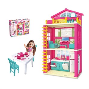 Замечательный трехэтажный дом для куклы Лола, состоящий из спальни, гостиной и кухни. Винтовая лестн