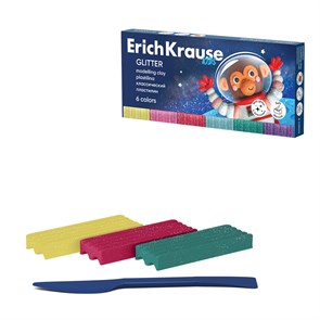 Пластилин классический ErichKrause Kids Space Animals Glitter с блестками 6 цветов со стеком, 108 г