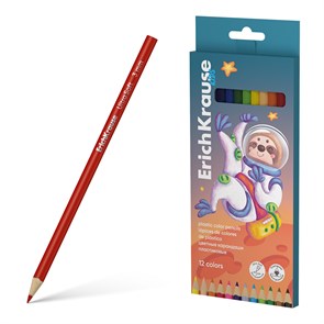 Цветные карандаши пластиковые ErichKrause Kids Space Animals трехгранные, грифель 3 мм, 12 цветов (в